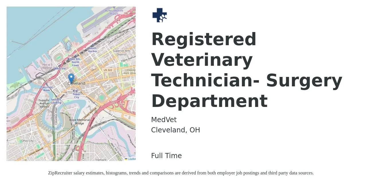 MedVet job posting for a Registered Veterinary Technician- Surgery Department in Cleveland, OH with a salary of $18 to $25 Hourly with a map of Cleveland location.