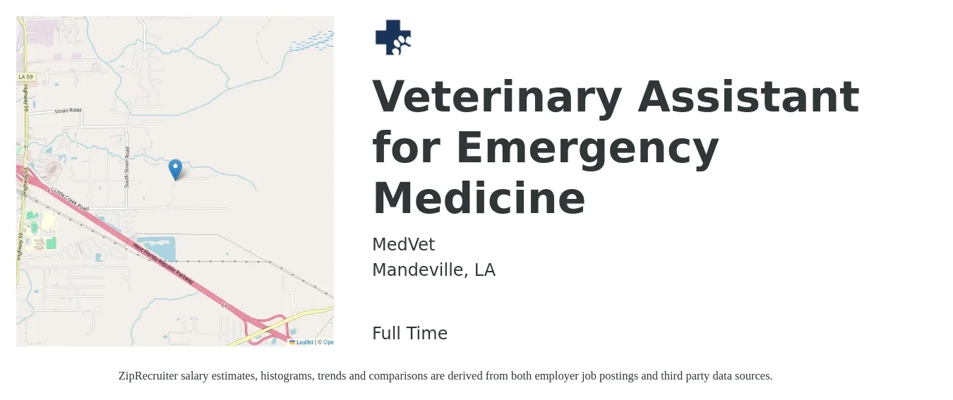 MedVet job posting for a Veterinary Assistant for Emergency Medicine in Mandeville, LA with a salary of $14 to $18 Hourly with a map of Mandeville location.
