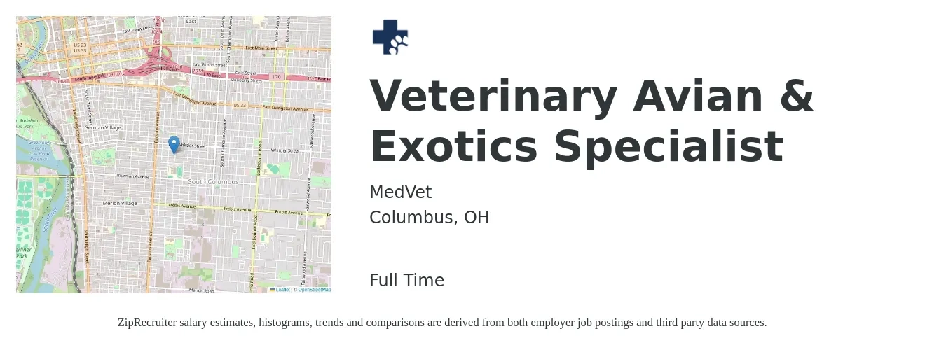 MedVet job posting for a Veterinary Avian & Exotics Specialist in Columbus, OH with a map of Columbus location.