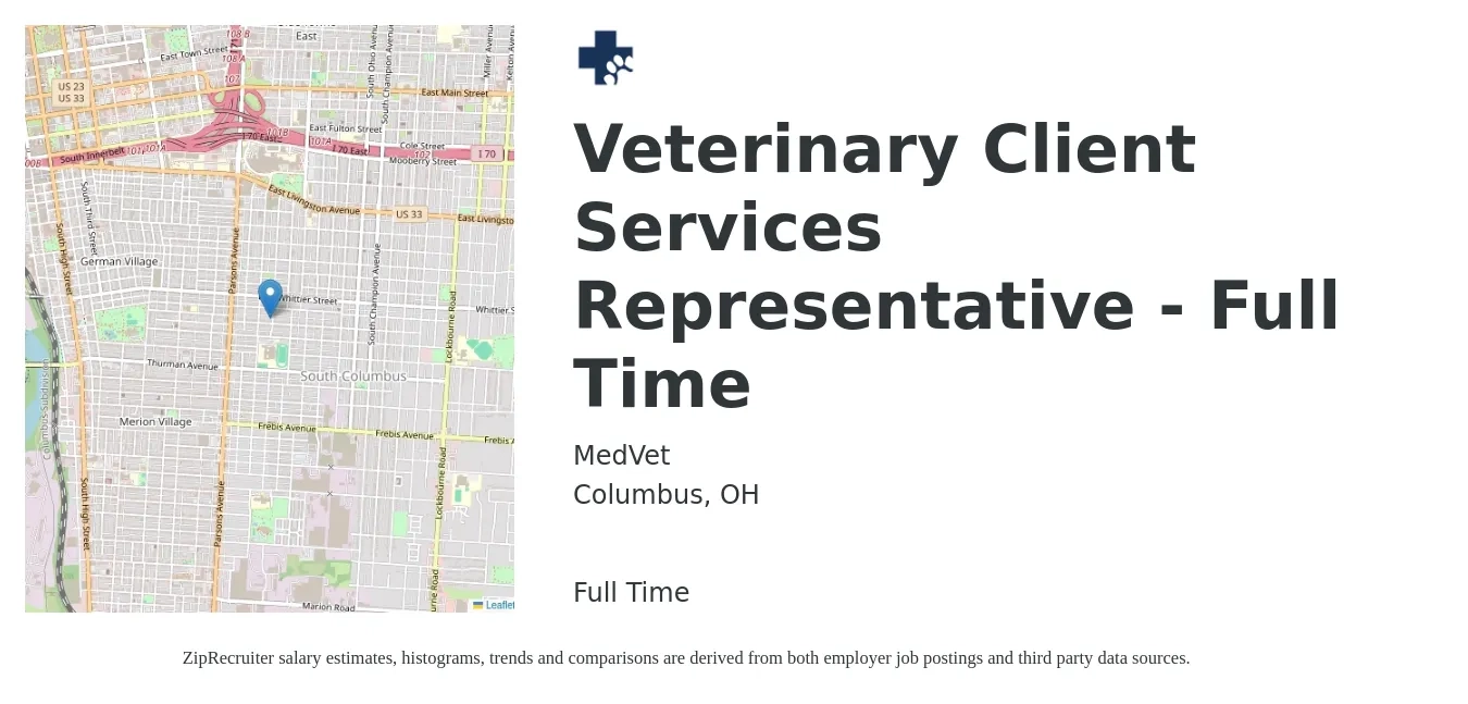 MedVet job posting for a Veterinary Client Services Representative - Full Time in Columbus, OH with a salary of $16 to $21 Hourly with a map of Columbus location.