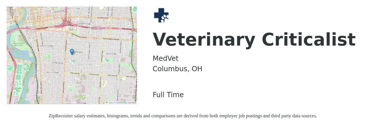 MedVet job posting for a Veterinary Criticalist in Columbus, OH with a salary of $15 to $19 Hourly with a map of Columbus location.