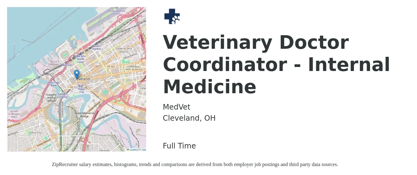 MedVet job posting for a Veterinary Doctor Coordinator - Internal Medicine in Cleveland, OH with a salary of $108,700 to $211,500 Yearly with a map of Cleveland location.