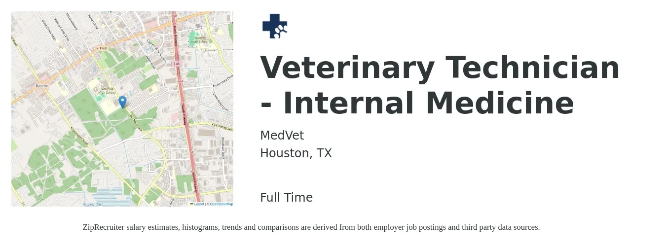 MedVet job posting for a Veterinary Technician - Internal Medicine in Houston, TX with a salary of $16 to $22 Hourly with a map of Houston location.