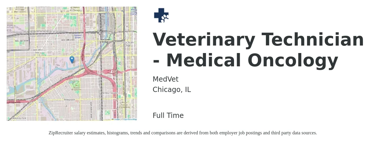 MedVet job posting for a Veterinary Technician - Medical Oncology in Chicago, IL with a salary of $19 to $26 Hourly with a map of Chicago location.