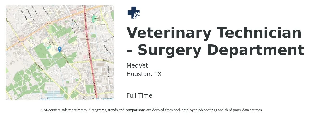 MedVet job posting for a Veterinary Technician - Surgery Department in Houston, TX with a salary of $16 to $22 Hourly with a map of Houston location.