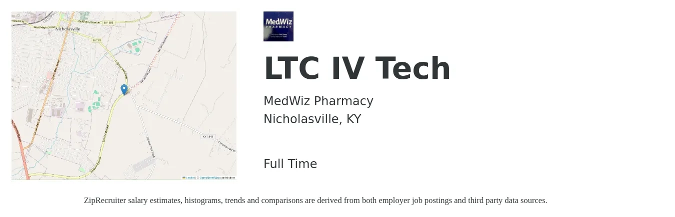 MedWiz Pharmacy job posting for a LTC IV Tech in Nicholasville, KY with a salary of $18 to $23 Hourly with a map of Nicholasville location.