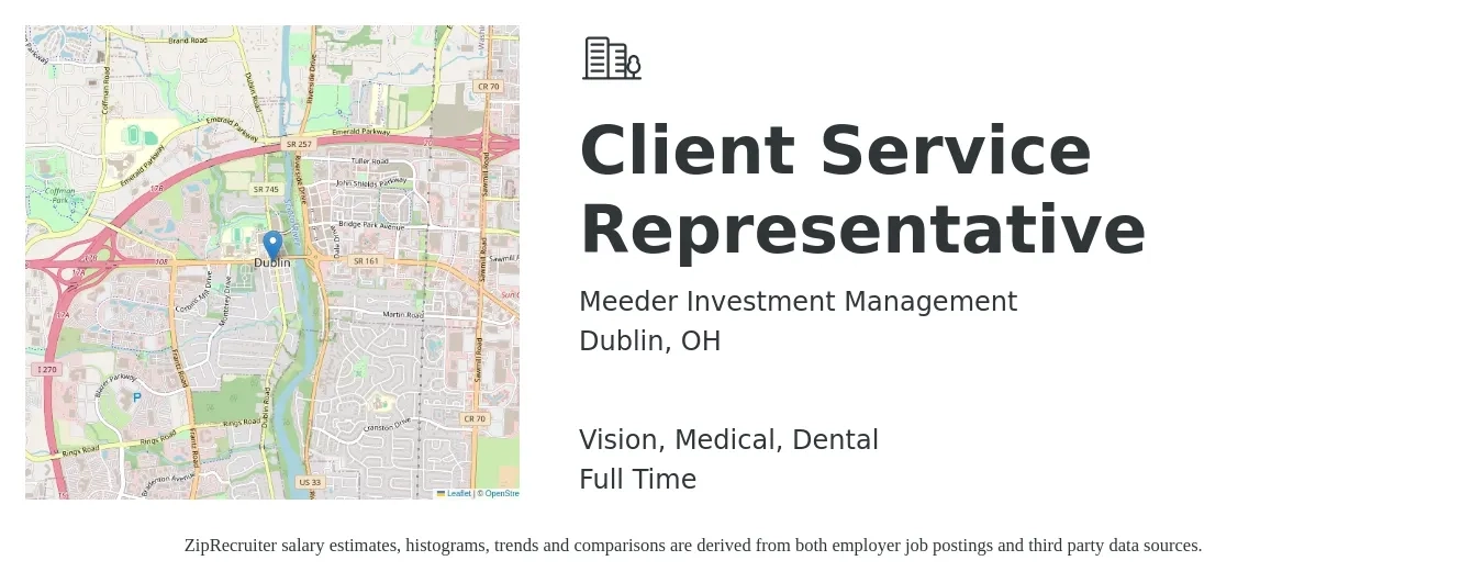 Meeder Investment Management job posting for a Client Service Representative in Dublin, OH with a salary of $16 to $21 Hourly and benefits including dental, life_insurance, medical, pto, retirement, and vision with a map of Dublin location.