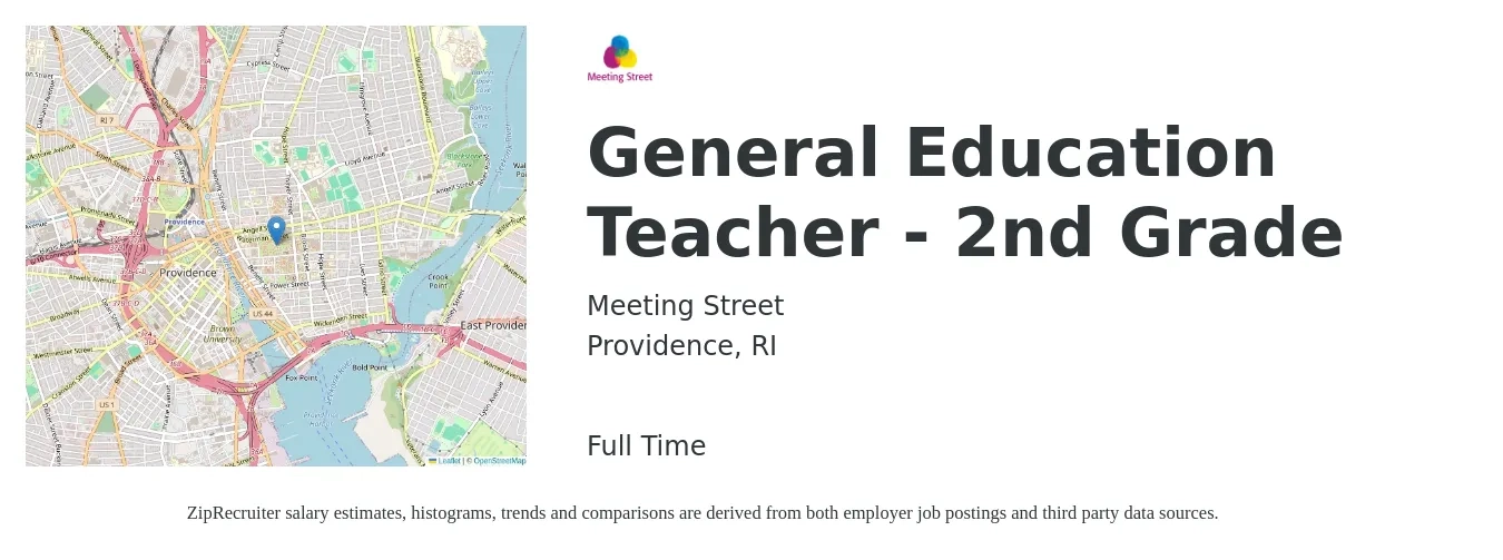 Meeting Street job posting for a General Education Teacher - 2nd Grade in Providence, RI with a salary of $46,500 to $60,100 Yearly with a map of Providence location.