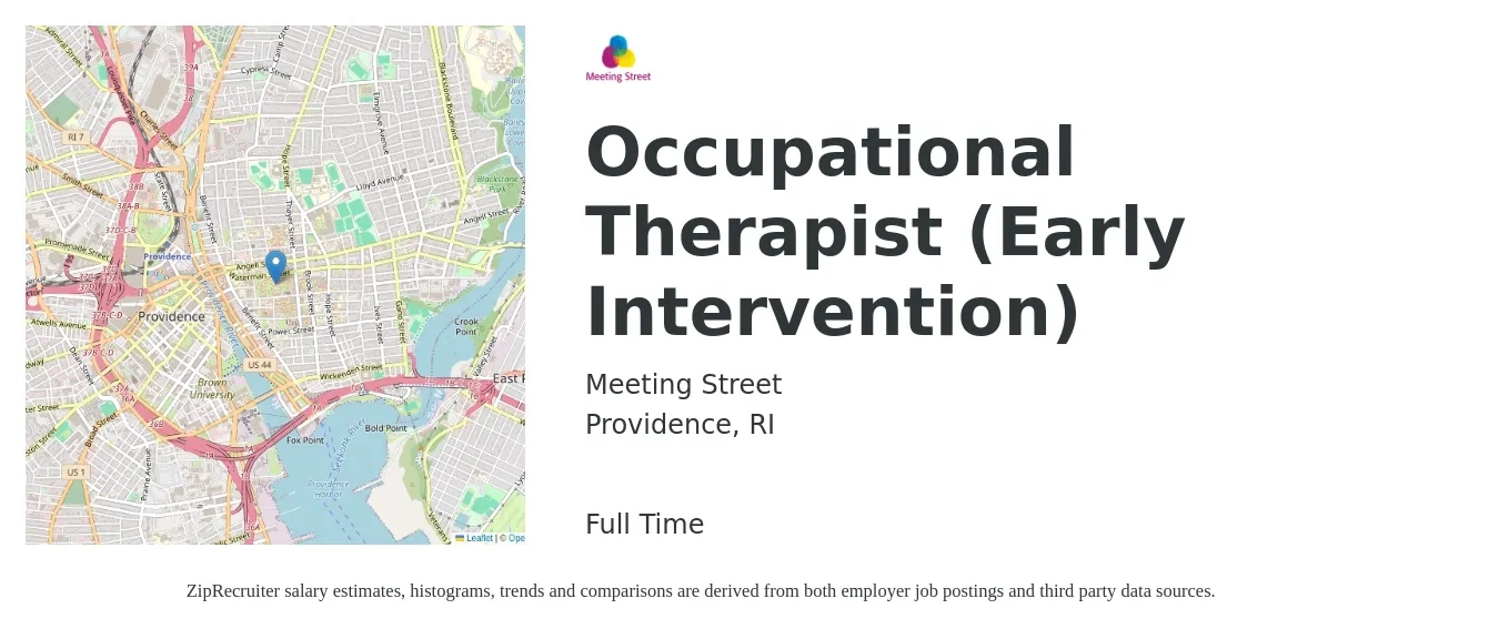 Meeting Street job posting for a Occupational Therapist (Early Intervention) in Providence, RI with a salary of $41 to $54 Hourly with a map of Providence location.