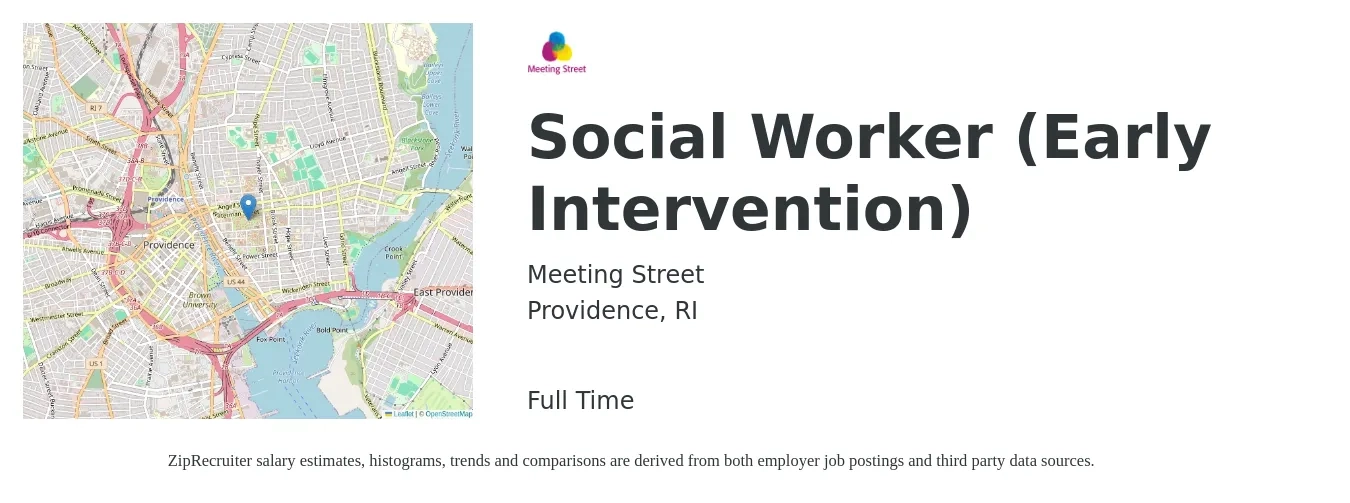 Meeting Street job posting for a Social Worker (Early Intervention) in Providence, RI with a salary of $59,600 to $92,400 Yearly with a map of Providence location.