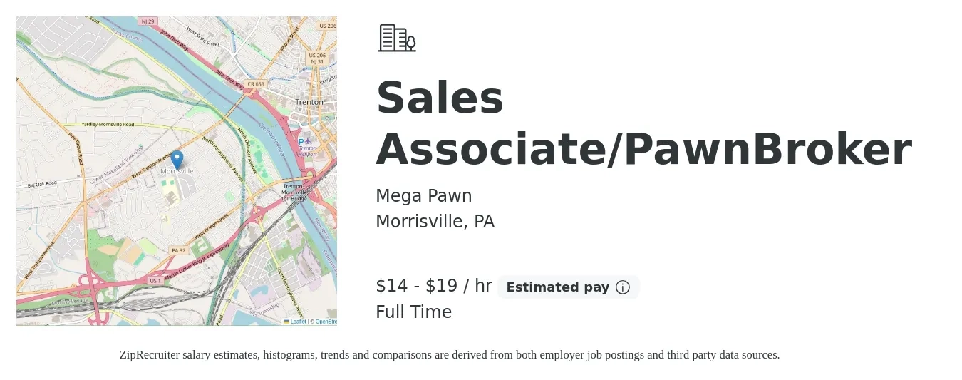Mega Pawn job posting for a Sales Associate/PawnBroker in Morrisville, PA with a salary of $15 to $20 Hourly with a map of Morrisville location.