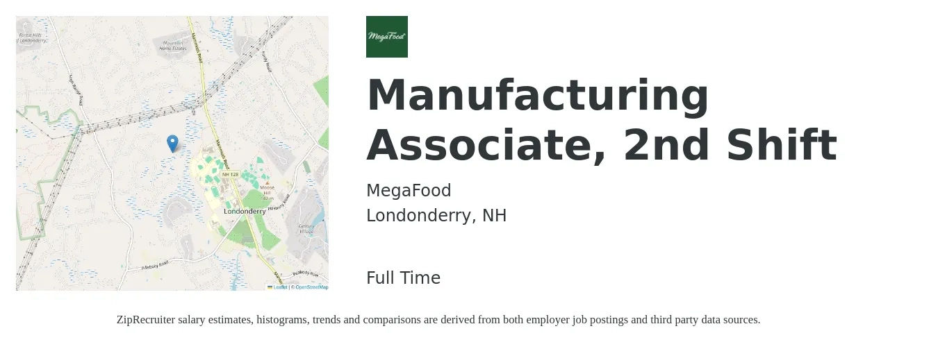 MegaFood job posting for a Manufacturing Associate, 2nd Shift in Londonderry, NH with a salary of $18 to $26 Hourly with a map of Londonderry location.