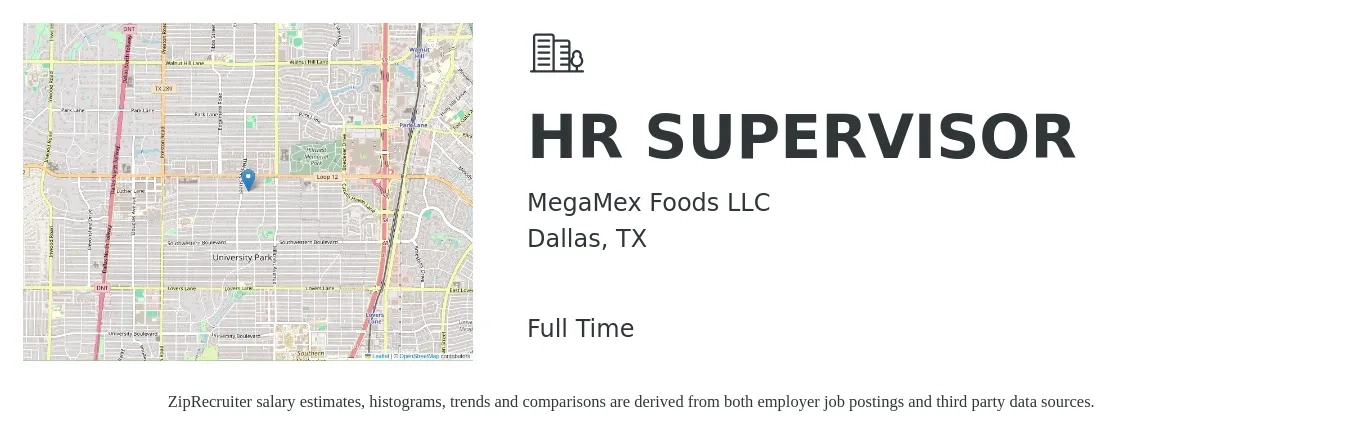 MegaMex Foods LLC job posting for a HR SUPERVISOR in Dallas, TX with a salary of $62,800 to $91,000 Yearly with a map of Dallas location.
