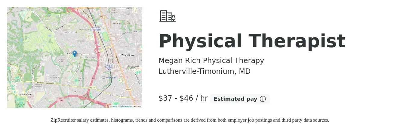 Megan Rich Physical Therapy job posting for a Physical Therapist in Lutherville-Timonium, MD with a salary of $39 to $48 Hourly and benefits including pto with a map of Lutherville-Timonium location.