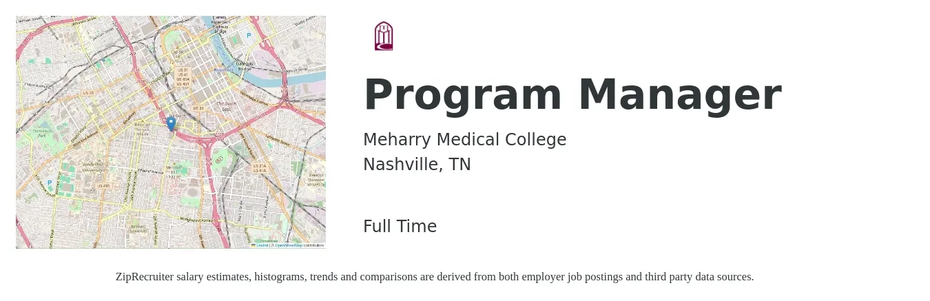 Meharry Medical College job posting for a Program Manager in Nashville, TN with a salary of $76,800 to $128,000 Yearly with a map of Nashville location.