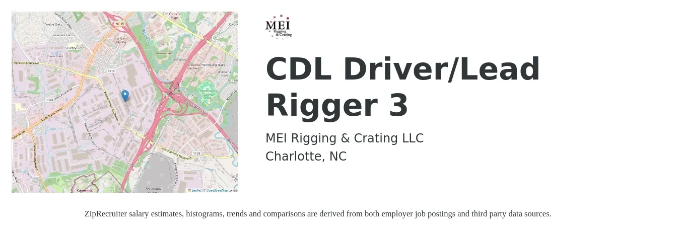 MEI Rigging & Crating job posting for a CDL Driver/Lead Rigger 3 in Charlotte, NC with a salary of $24 to $30 Hourly with a map of Charlotte location.