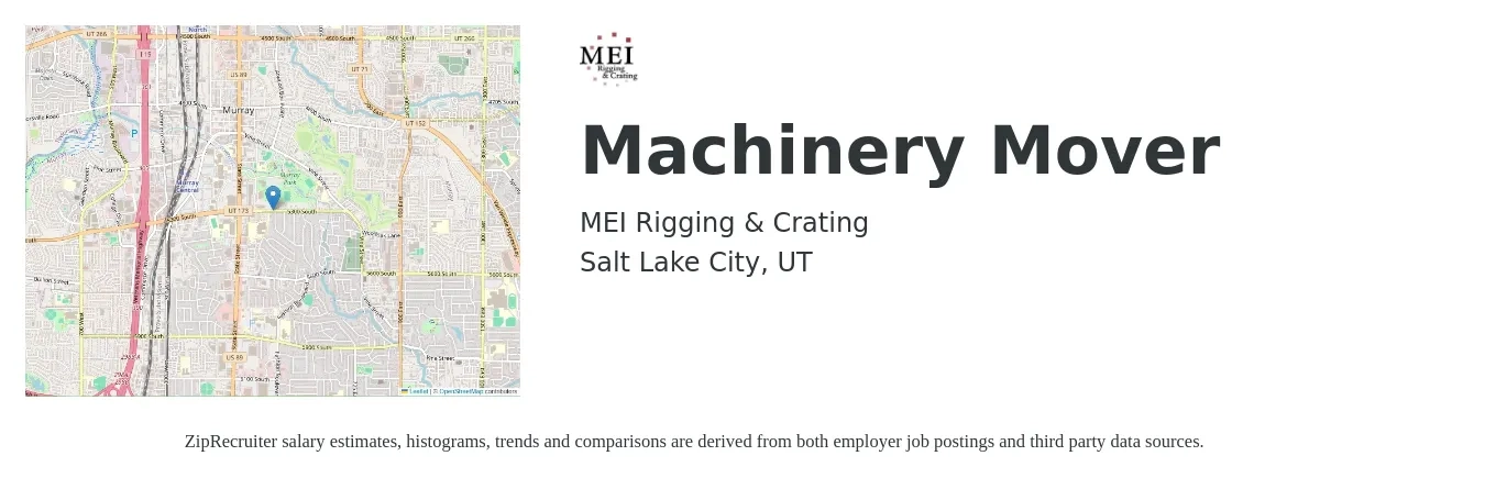 MEI Rigging & Crating job posting for a Machinery Mover in Salt Lake City, UT with a salary of $14 to $19 Hourly with a map of Salt Lake City location.