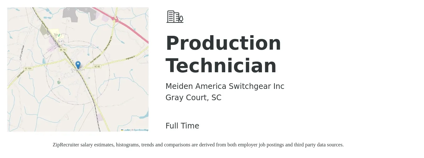 Meiden America Switchgear Inc job posting for a Production Technician in Gray Court, SC with a salary of $16 to $19 Hourly with a map of Gray Court location.