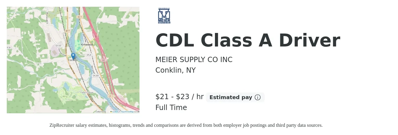MEIER SUPPLY CO INC job posting for a CDL Class A Driver in Conklin, NY with a salary of $22 to $24 Hourly with a map of Conklin location.