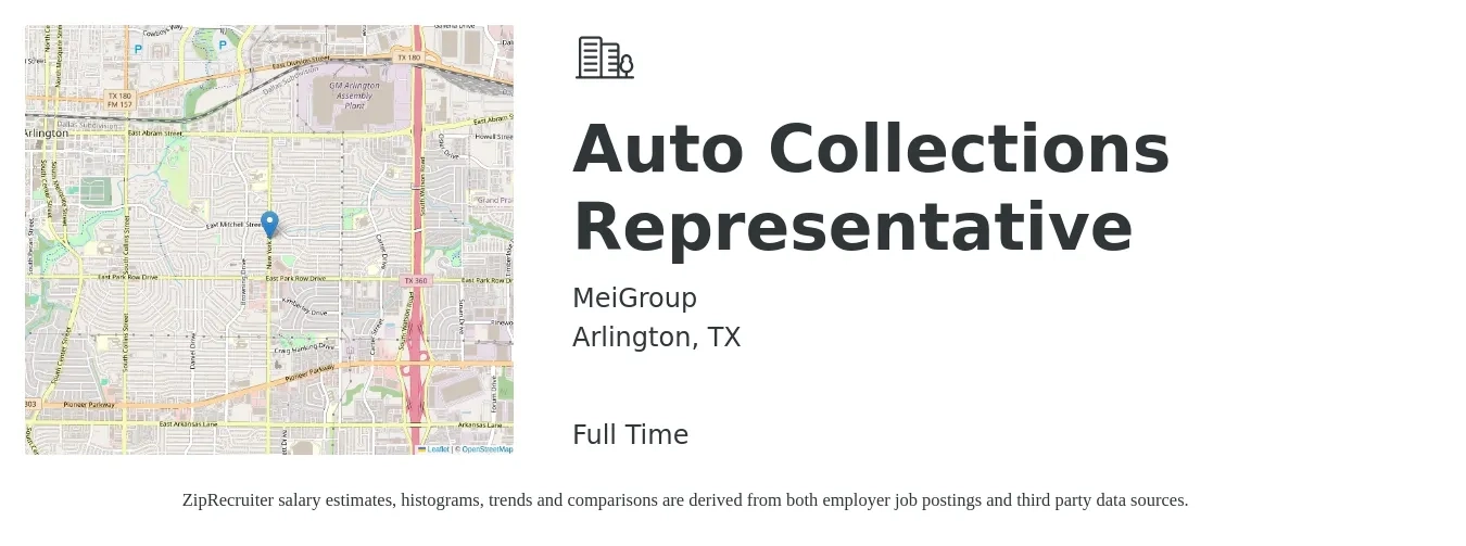 MeiGroup job posting for a Auto Collections Representative in Arlington, TX with a salary of $15 to $20 Hourly with a map of Arlington location.