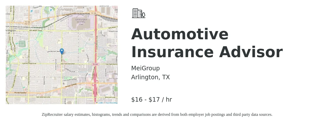 MeiGroup job posting for a Automotive Insurance Advisor in Arlington, TX with a salary of $17 to $18 Hourly with a map of Arlington location.