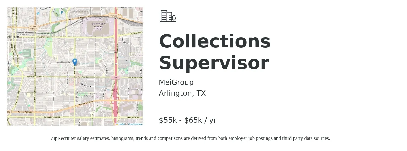 MeiGroup job posting for a Collections Supervisor in Arlington, TX with a salary of $55,000 to $60,000 Yearly with a map of Arlington location.
