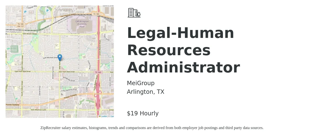 MeiGroup job posting for a Legal-Human Resources Administrator in Arlington, TX with a salary of $20 Hourly with a map of Arlington location.