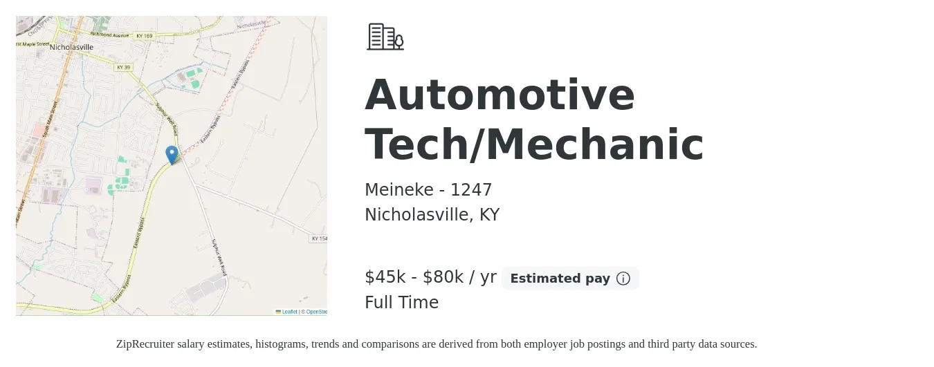Meineke - 1247 job posting for a Automotive Tech/Mechanic in Nicholasville, KY with a salary of $45,000 to $80,000 Yearly with a map of Nicholasville location.