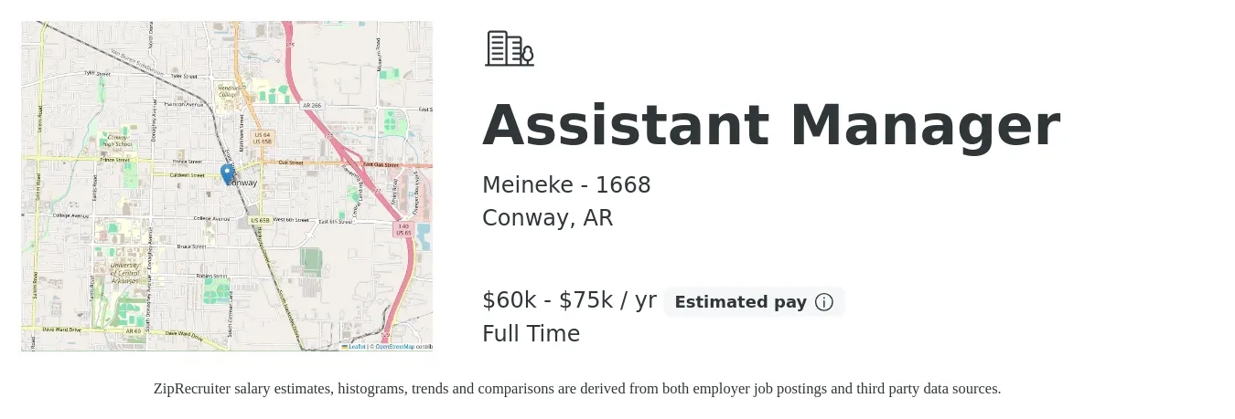 Meineke - 1668 job posting for a Assistant Manager in Conway, AR with a salary of $60,000 to $75,000 Yearly with a map of Conway location.