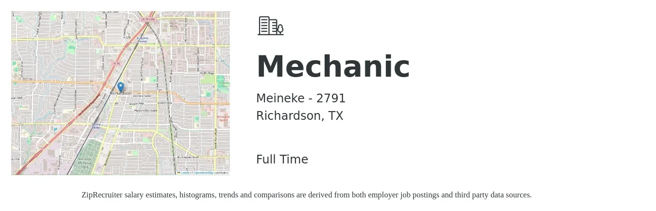 Meineke - 2791 job posting for a Mechanic in Richardson, TX with a salary of $875 Weekly with a map of Richardson location.