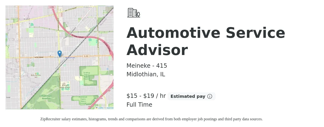 Meineke - 415 job posting for a Automotive Service Advisor in Midlothian, IL with a salary of $16 to $20 Hourly with a map of Midlothian location.