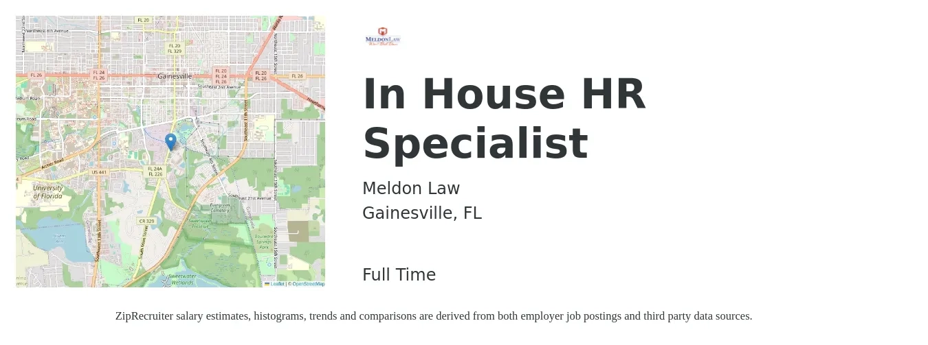 Meldon Law job posting for a In House HR Specialist in Gainesville, FL with a salary of $49,900 to $59,800 Yearly with a map of Gainesville location.