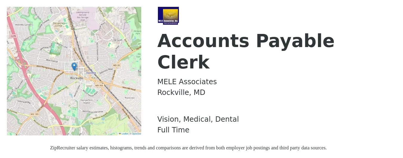 MELE Associates, Inc. job posting for a Accounts Payable Clerk in Rockville, MD with a salary of $20 to $25 Hourly and benefits including dental, life_insurance, medical, pto, retirement, and vision with a map of Rockville location.
