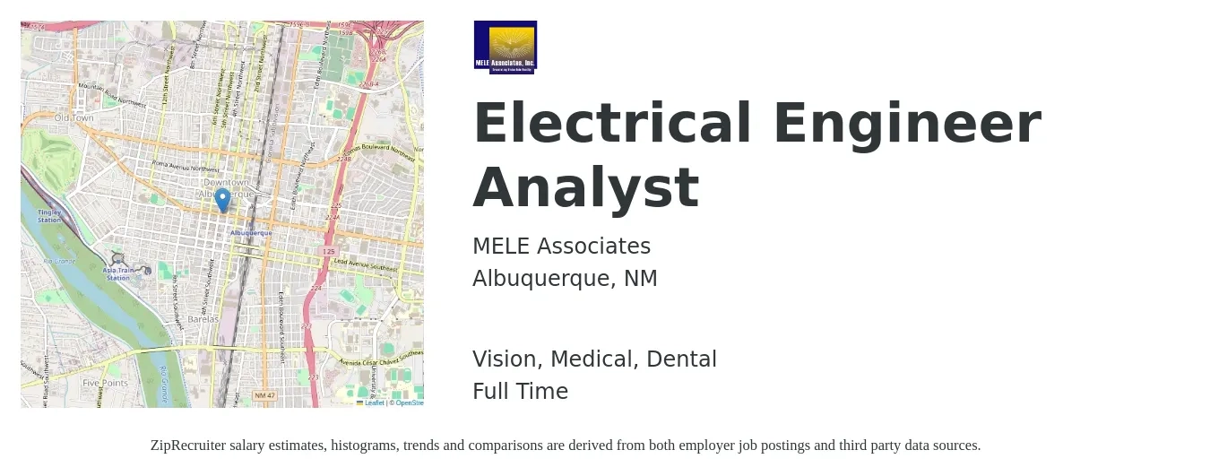 MELE Associates, Inc. job posting for a Electrical Engineer Analyst in Albuquerque, NM with a salary of $62,100 to $88,700 Yearly and benefits including medical, retirement, vision, dental, and life_insurance with a map of Albuquerque location.