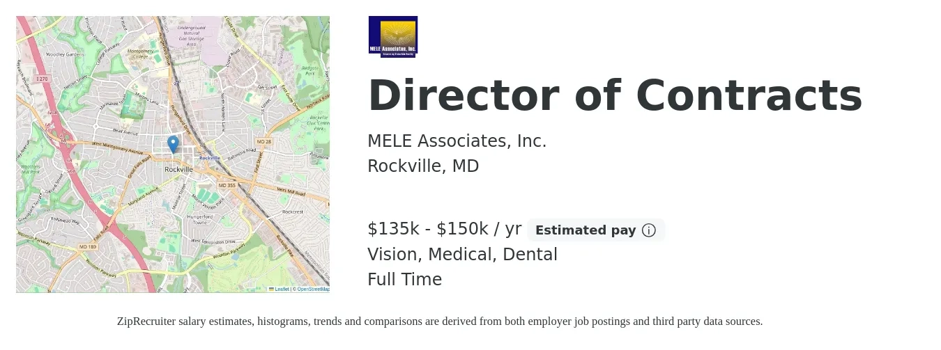 MELE Associates, Inc. job posting for a Director of Contracts in Rockville, MD with a salary of $135,000 to $150,000 Yearly and benefits including vision, dental, life_insurance, medical, pto, and retirement with a map of Rockville location.
