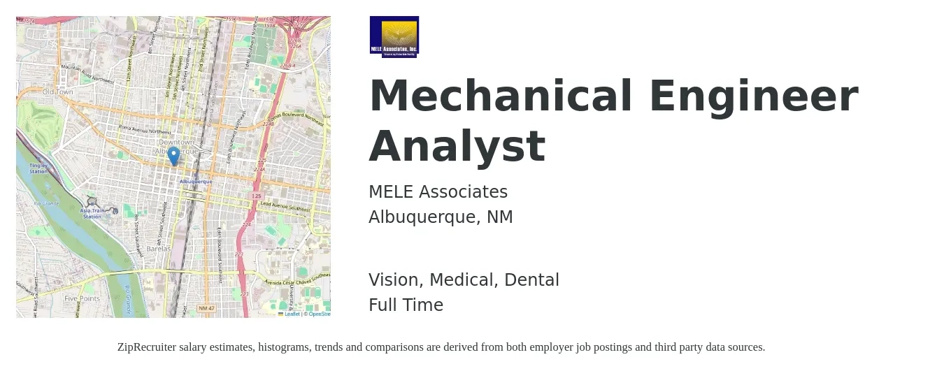 MELE Associates, Inc. job posting for a Mechanical Engineer Analyst in Albuquerque, NM with a salary of $76,100 to $118,100 Yearly and benefits including dental, life_insurance, medical, retirement, and vision with a map of Albuquerque location.