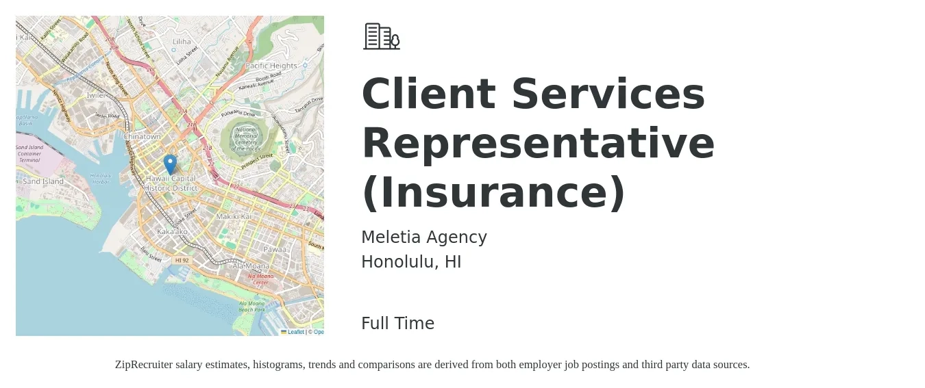 Meletia Agency job posting for a Client Services Representative (Insurance) in Honolulu, HI with a salary of $38,500 to $58,300 Yearly with a map of Honolulu location.