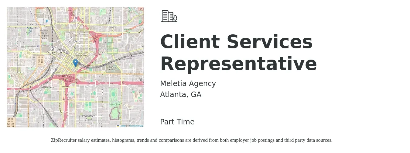 Meletia Agency job posting for a Client Services Representative in Atlanta, GA with a salary of $16 to $21 Hourly with a map of Atlanta location.