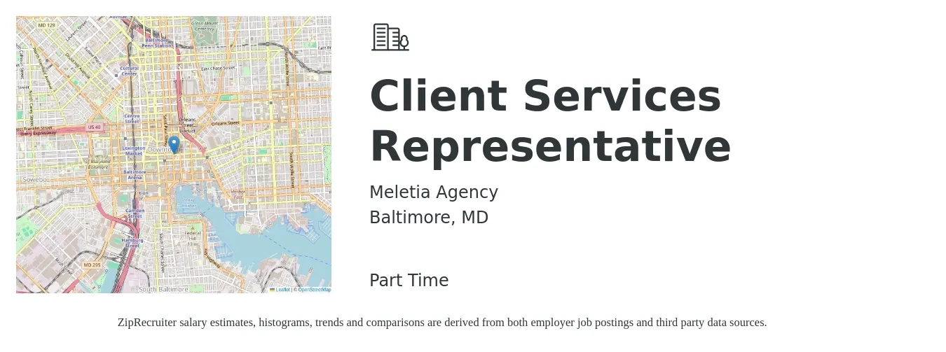 Meletia Agency job posting for a Client Services Representative in Baltimore, MD with a salary of $16 to $22 Hourly with a map of Baltimore location.