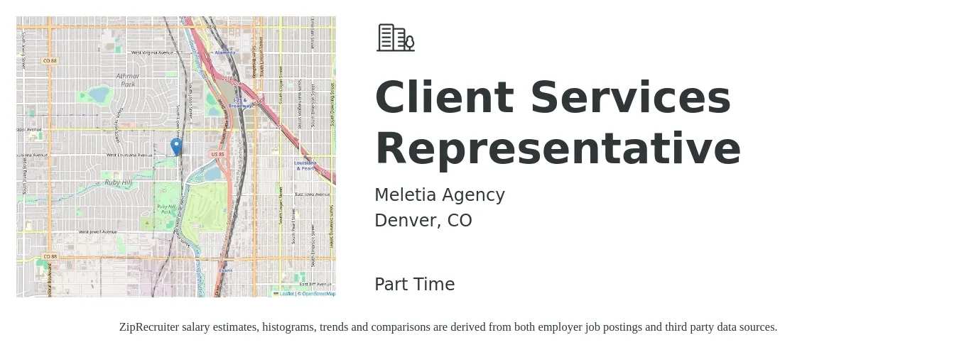 Meletia Agency job posting for a Client Services Representative in Denver, CO with a salary of $16 to $22 Hourly with a map of Denver location.