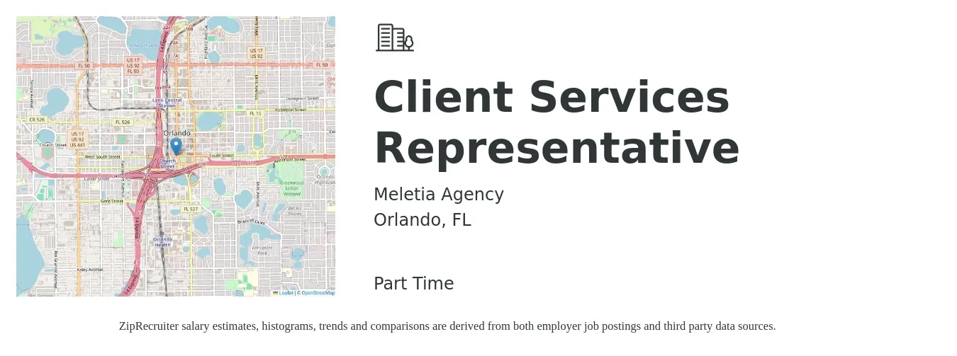 Meletia Agency job posting for a Client Services Representative in Orlando, FL with a salary of $15 to $20 Hourly with a map of Orlando location.
