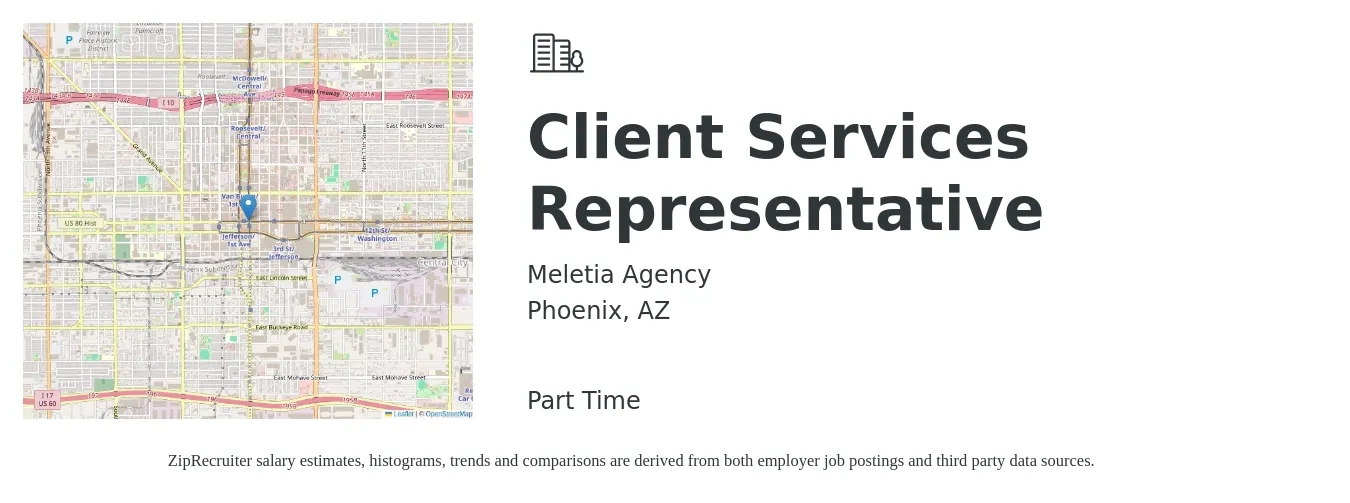 Meletia Agency job posting for a Client Services Representative in Phoenix, AZ with a salary of $16 to $22 Hourly with a map of Phoenix location.