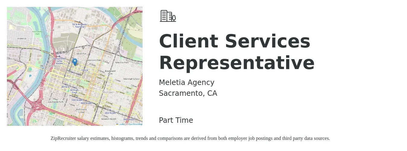 Meletia Agency job posting for a Client Services Representative in Sacramento, CA with a salary of $17 to $23 Hourly with a map of Sacramento location.