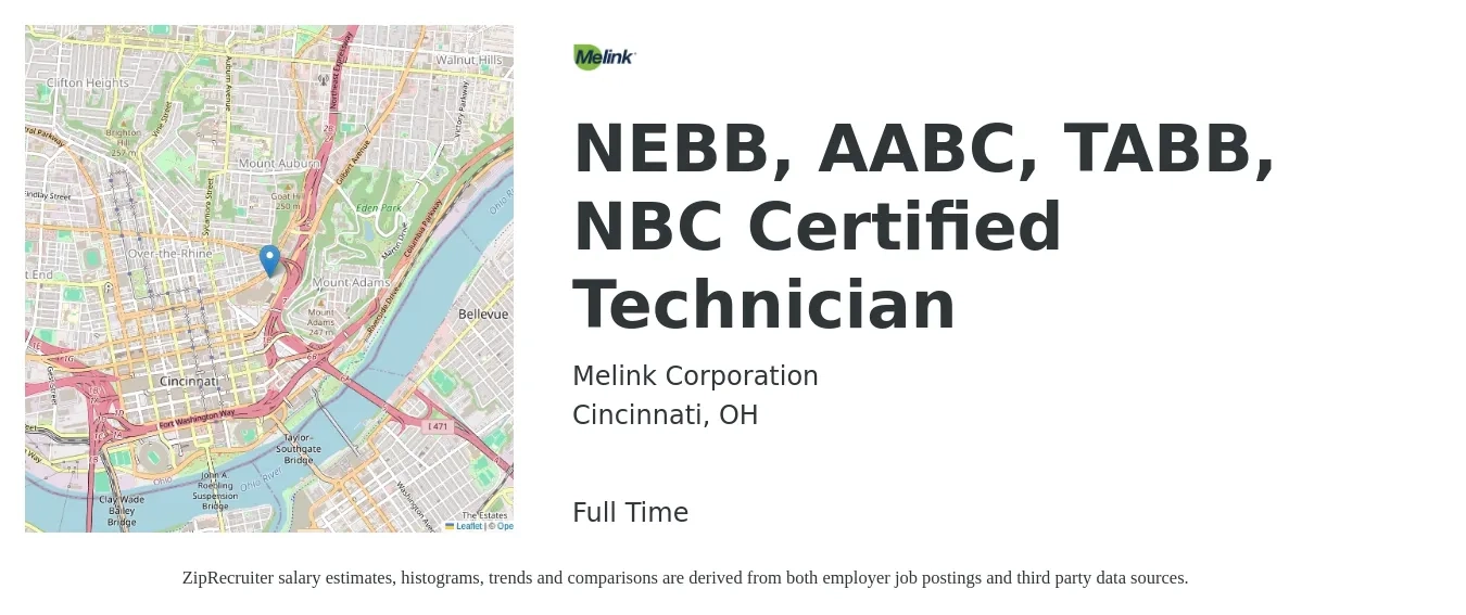 Melink Corporation job posting for a NEBB, AABC, TABB, NBC Certified Technician in Cincinnati, OH with a salary of $22 to $32 Hourly with a map of Cincinnati location.