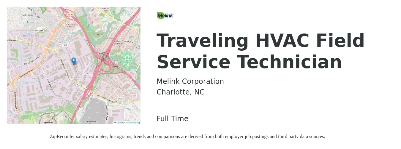Melink Corporation job posting for a Traveling HVAC Field Service Technician in Charlotte, NC with a salary of $20 to $30 Hourly with a map of Charlotte location.