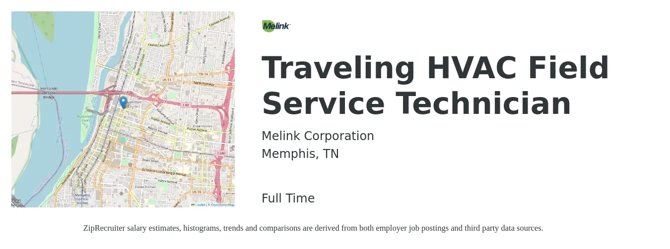 Melink Corporation job posting for a Traveling HVAC Field Service Technician in Memphis, TN with a salary of $20 to $30 Hourly with a map of Memphis location.