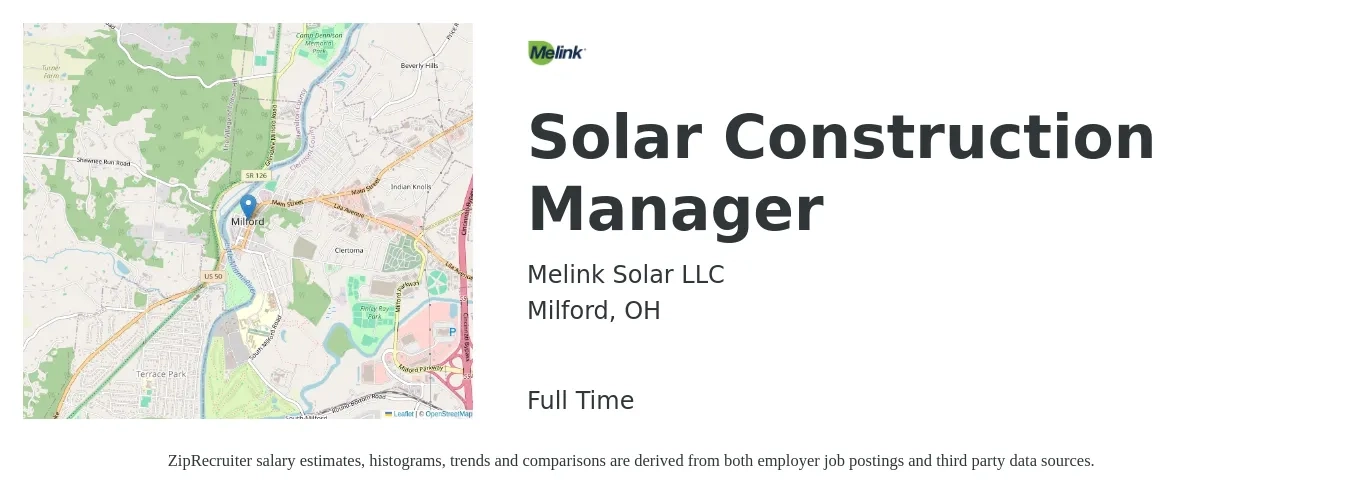 Melink Solar LLC job posting for a Solar Construction Manager in Milford, OH with a salary of $61,800 to $100,500 Yearly with a map of Milford location.