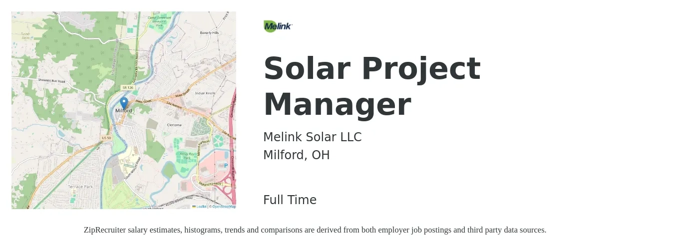 Melink Solar LLC job posting for a Solar Project Manager in Milford, OH with a salary of $41,300 to $90,500 Yearly with a map of Milford location.