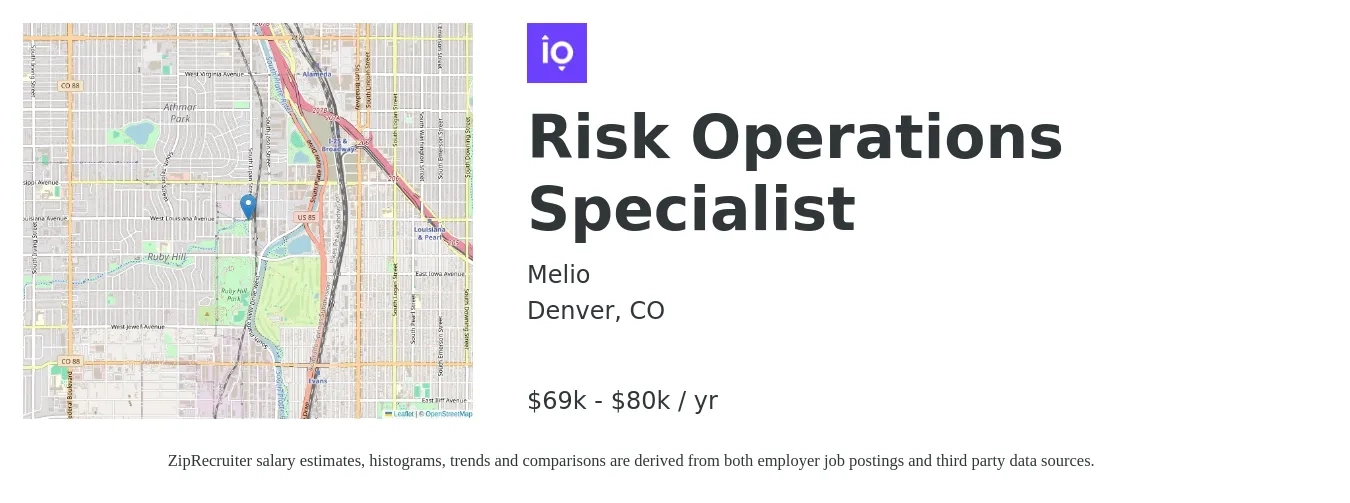 Melio job posting for a Risk Operations Specialist in Denver, CO with a salary of $69,000 to $80,000 Yearly with a map of Denver location.