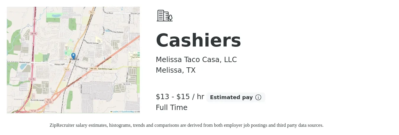 Melissa Taco Casa, LLC job posting for a Cashiers in Melissa, TX with a salary of $14 to $16 Hourly with a map of Melissa location.